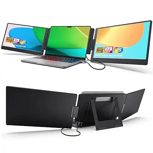 KYY 15.6" Laptop Monitor Extender Portable Triple Monitor 1080P FHD IPS Dual Monitor, One Cable USB C Travel for 12-17.3'' Laptop, 360 Rotation & Kickstand X90D Black